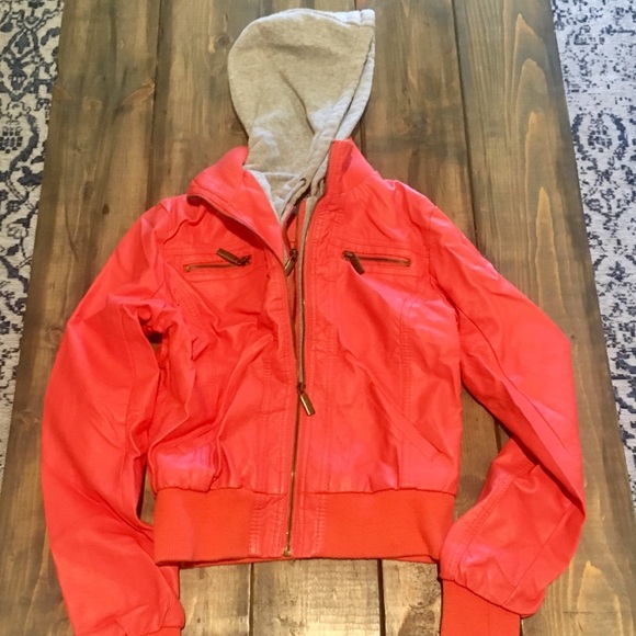 Jackets & Blazers - Coral hooded faux leather jacket